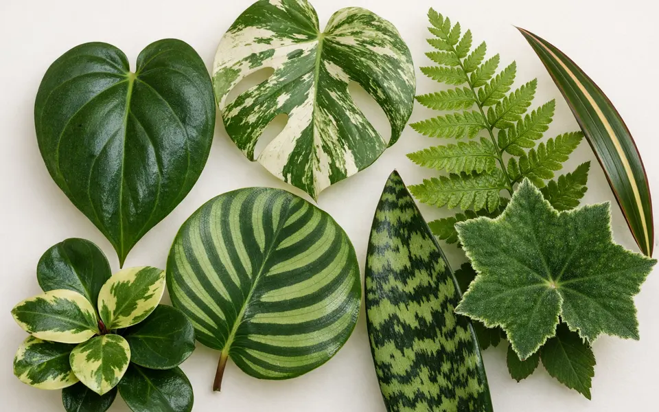 Close-up visual clues that help distinguish houseplant leaf identification
