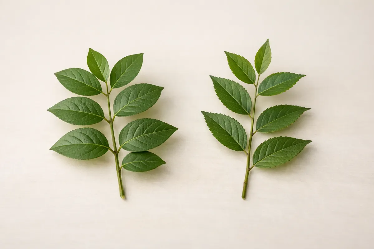 Editorial checklist image for opposite vs alternate leaves showing visible clues and comparison notes.