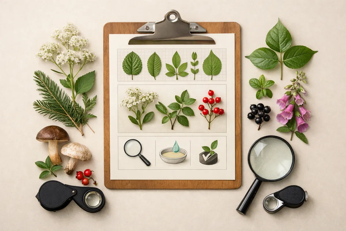 Leaf Identification: Leafzy educational checklist showing visual plant cheat clues, lookalike warning labels, and verification steps