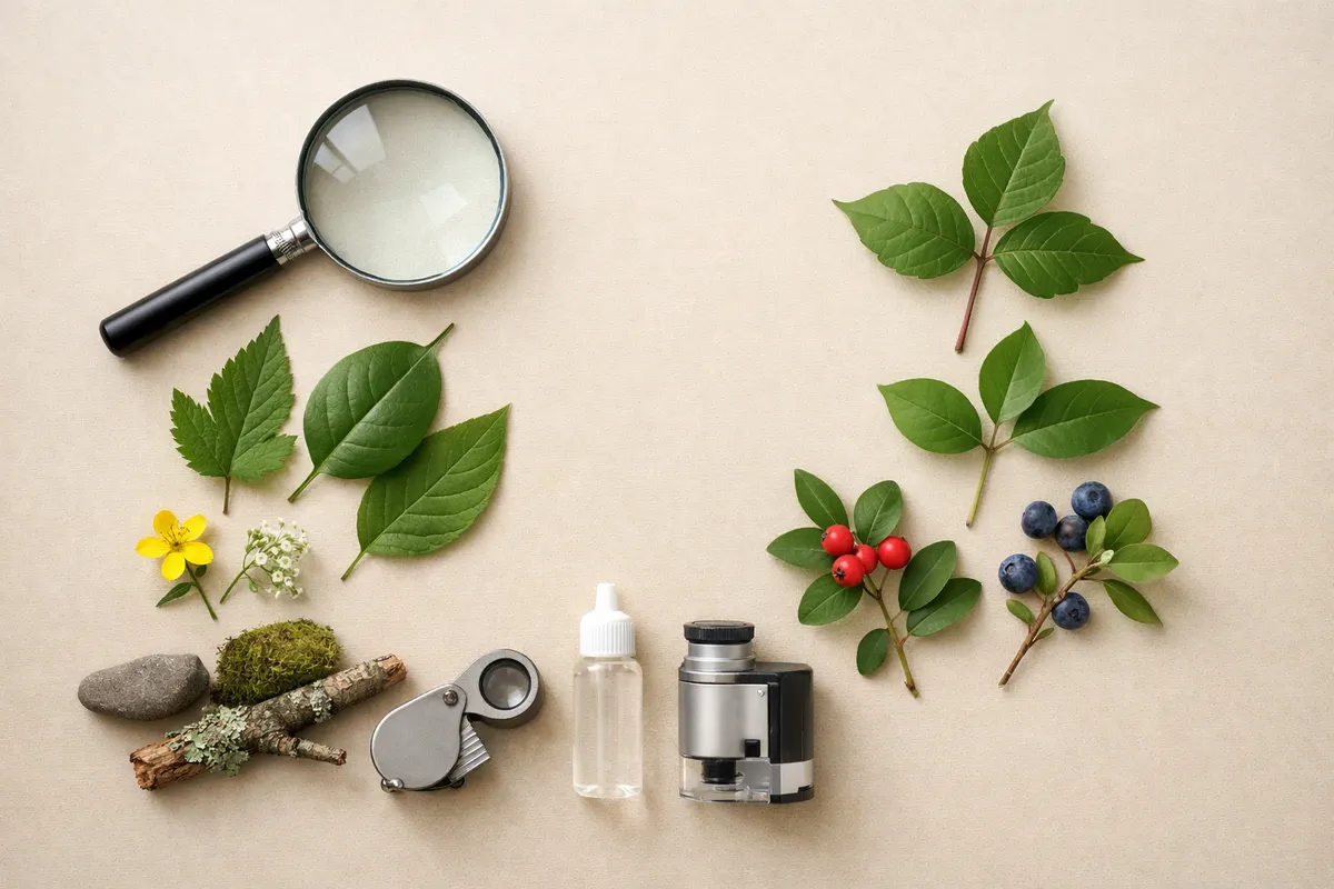 Leaf Identification: Leafzy educational checklist showing visual plant clues, lookalike warning labels, and verification steps