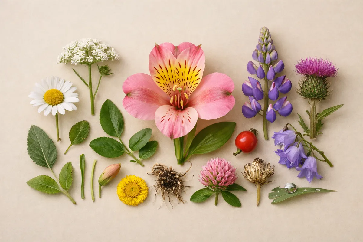 Editorial visual checklist for flower identification with grouped clues and example details.