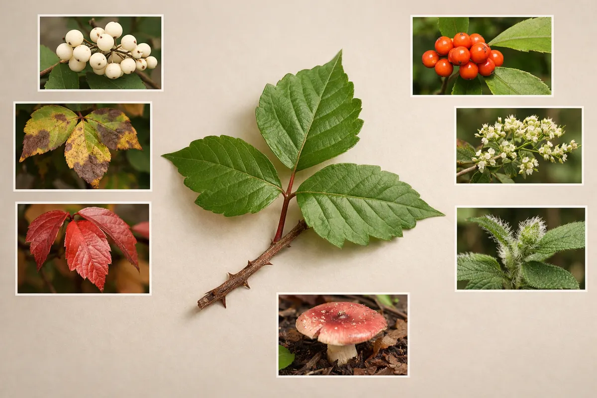 Editorial visual checklist for poisonous plant identification with grouped clues and example details.