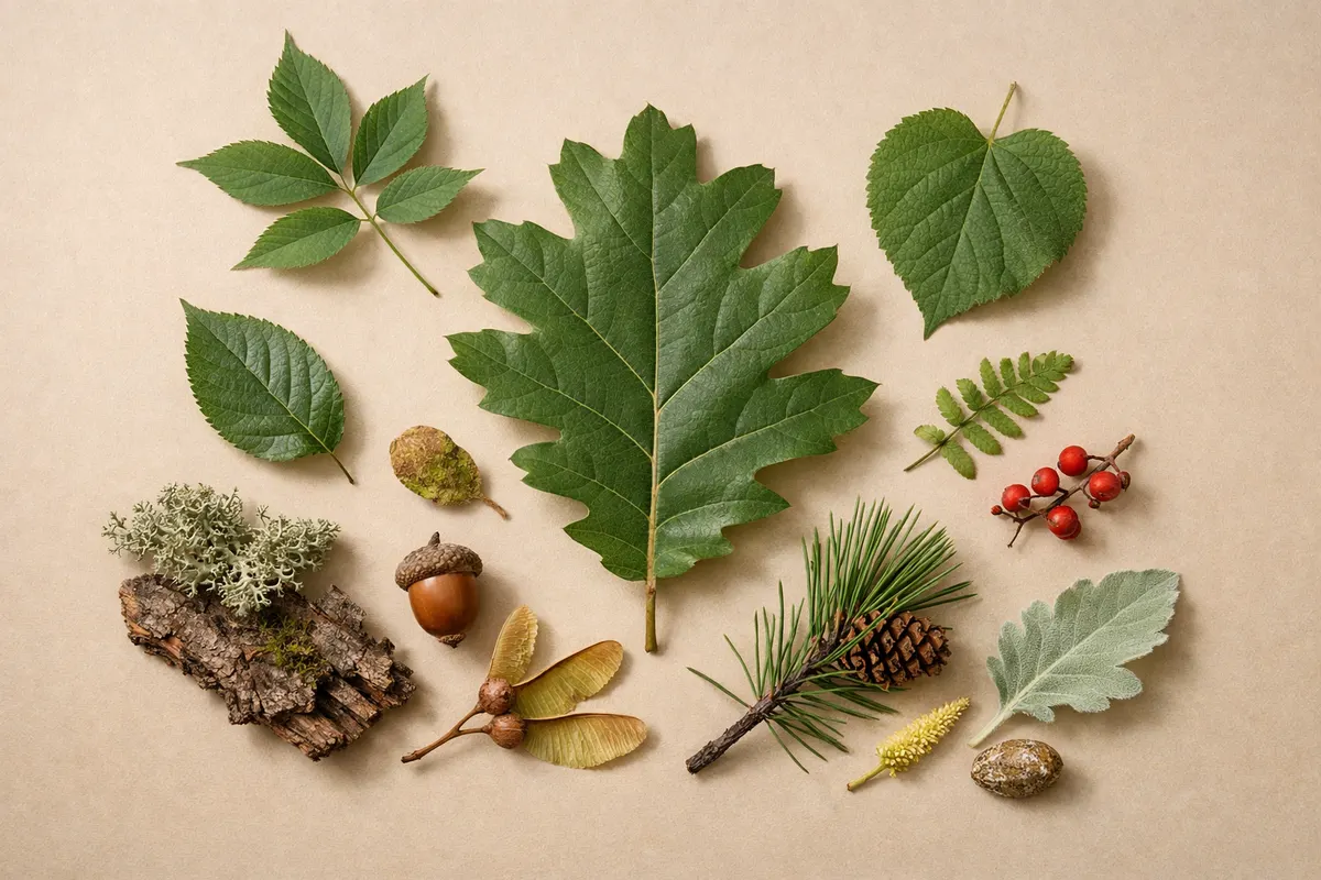 Editorial visual checklist for tree identification by leaf with grouped clues and example details.