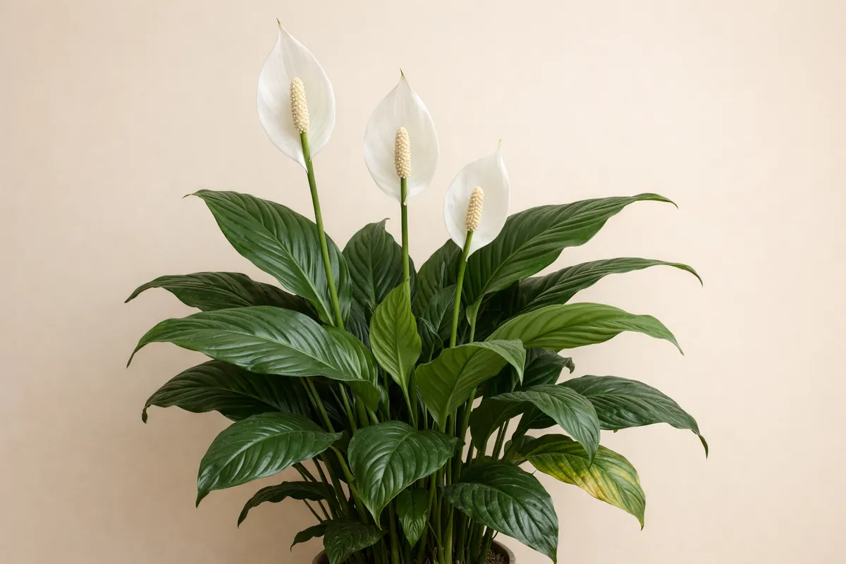 Encyclopedia-style reference visual for Peace Lily with labeled recognition details and lookalike cues.