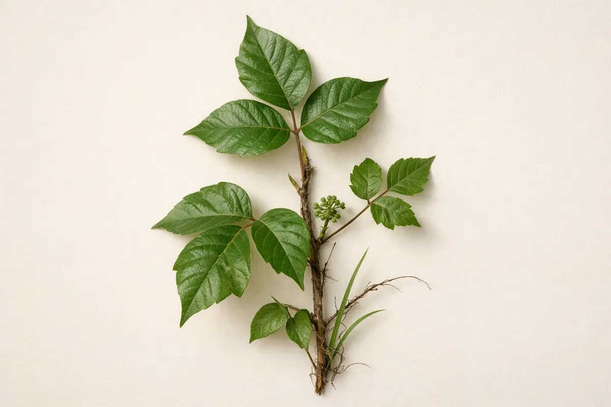 Encyclopedia-style reference visual for Poison Ivy with labeled recognition details and lookalike cues.