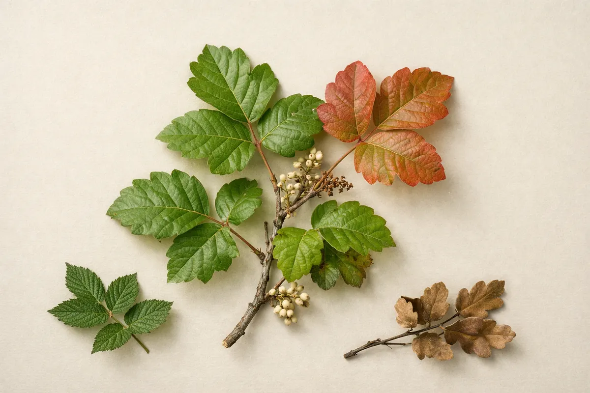 Encyclopedia-style reference visual for Poison Oak with labeled recognition details and lookalike cues.